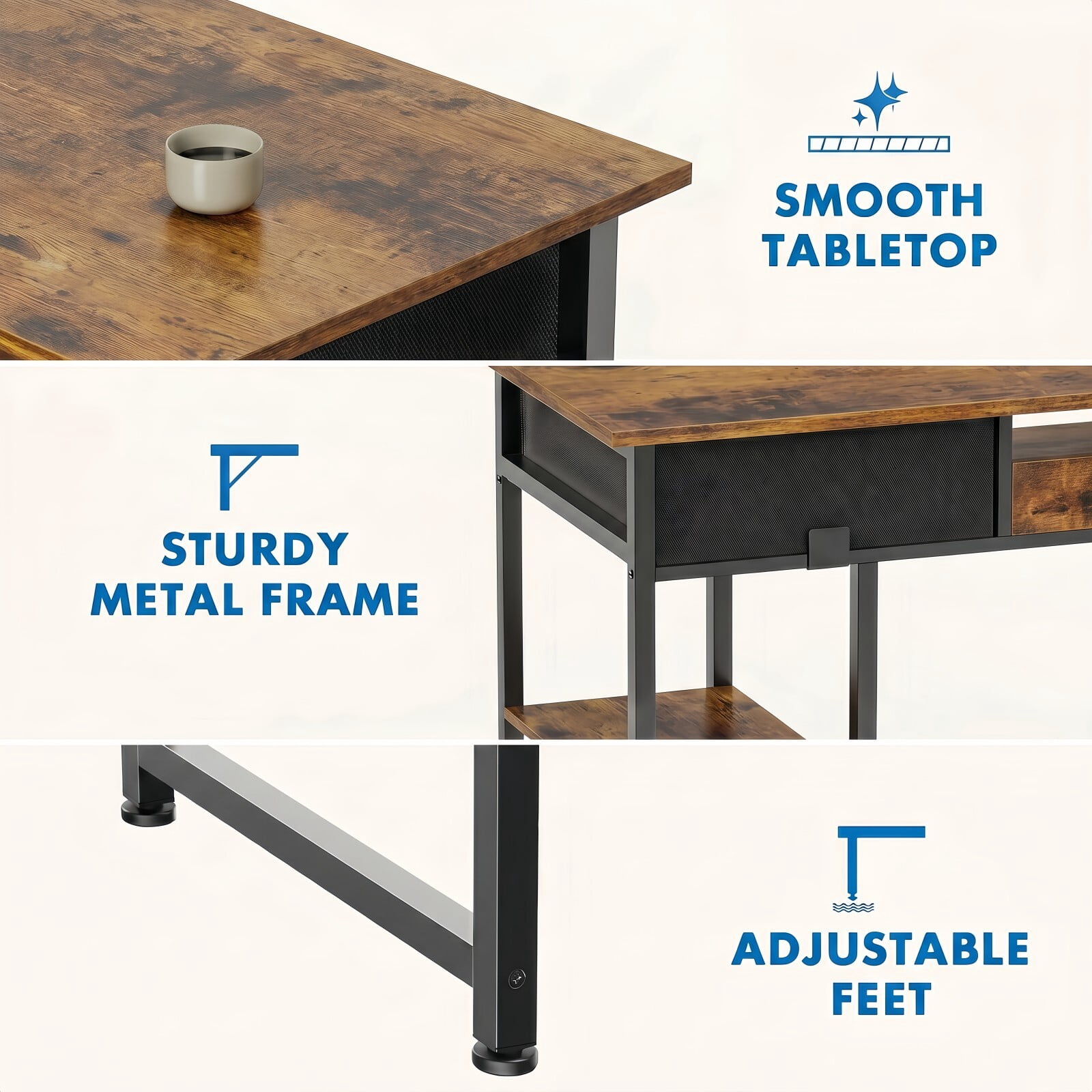 BEAUTYPEAK 48" Computer Desk with Fabric Drawers Storage Shelves Adjustable Feet Writing Gaming Table, Rustic Brown