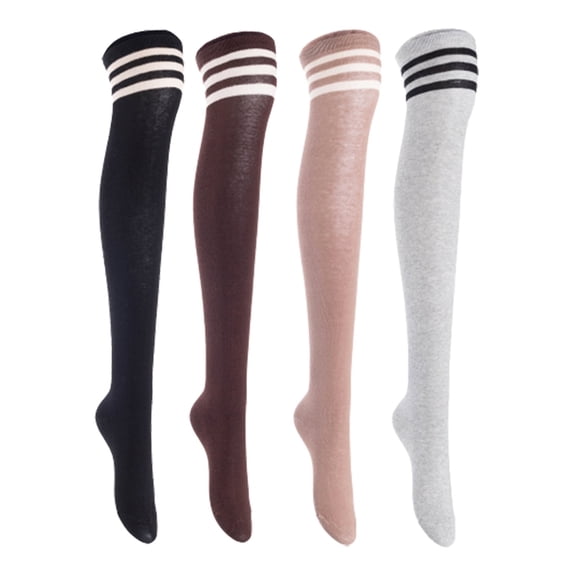 Lian LifeStyle Women's 4 Pairs Adorable Comfortable Soft Thigh High Over Knee High Cotton Socks, Size 6-9, JMYP1022 Black, Coffee, Khaki, LightGrey