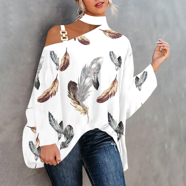 Puntoco, camisa informal para mujer, manga larga, cuello Halter, hombros descubiertos, blusa holgada con estampado de Polluer, tops Puntoco Puntoco-341