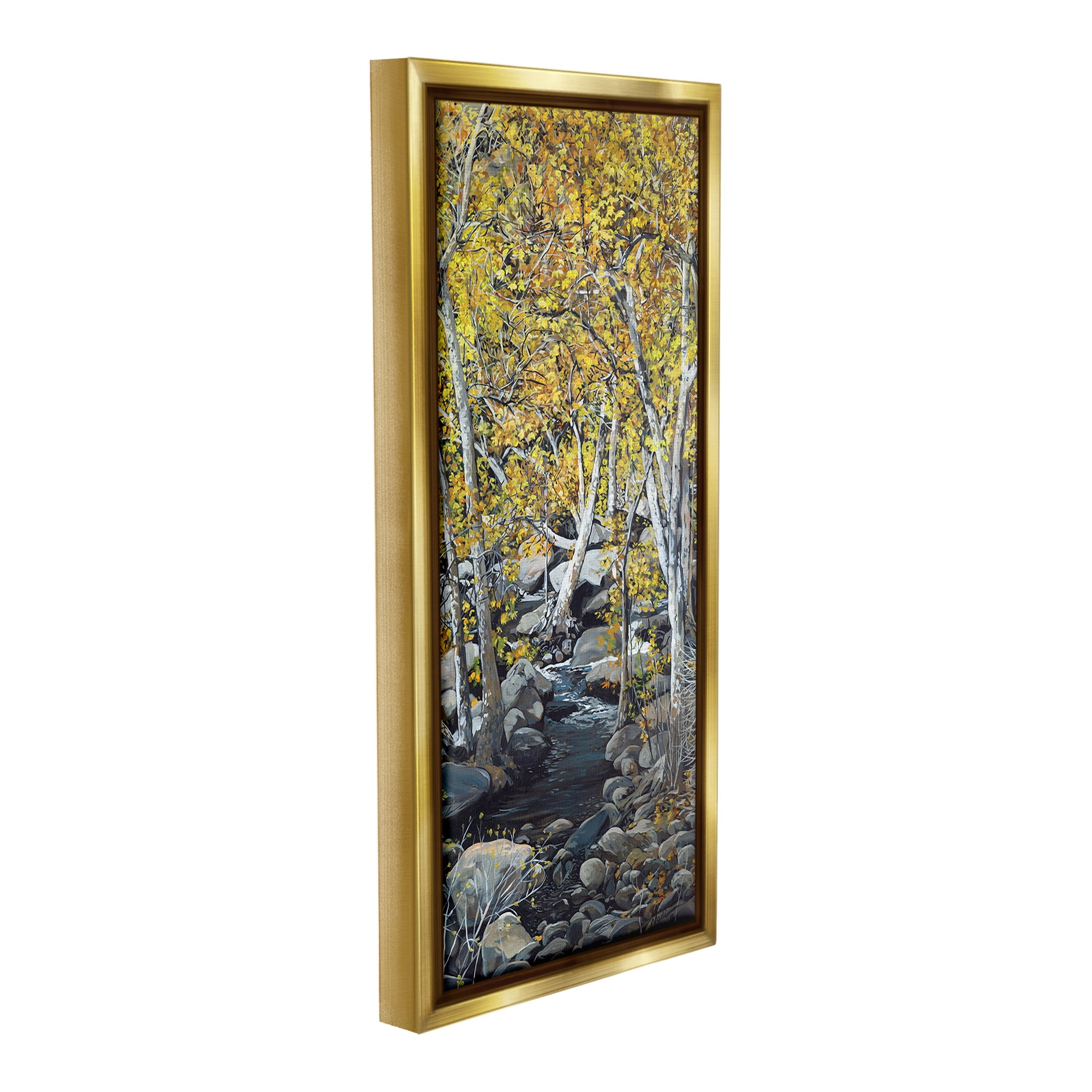 Stupell Industries Birch Tree Creek Landscape Landscape Painting Gold Floater Framed Canvas Art Print Wall Art, 11 x 25