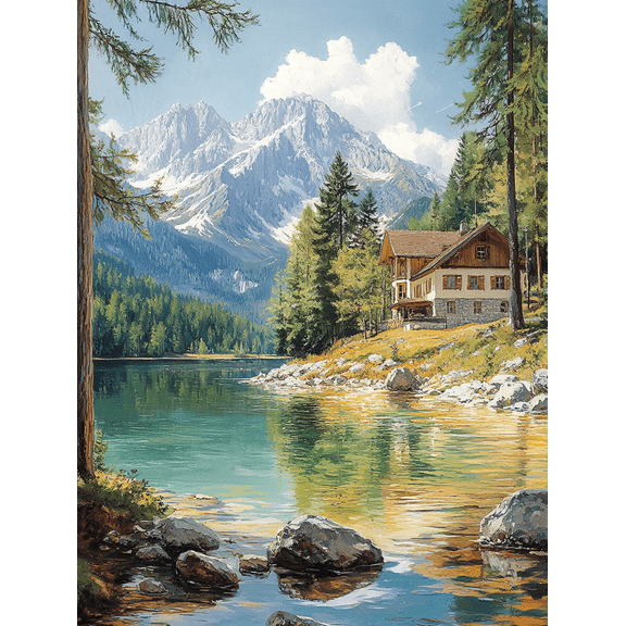 Mountain Lake House Canvas Art Print,Suitable for Living Room,Bedroom,Bathroom,Hotel Decoration