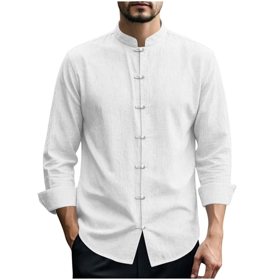 OGLCCG Mens Cotton Linen Shirts Casual Buttons Down Roll-Up Long Sleeve Shirt Summer Chinese Hanfu Style Tang Shirt S-3XL