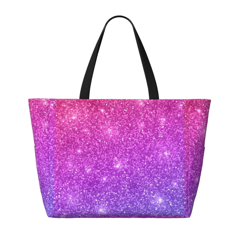 Gaeub Pink Purple Glitter Beach Travel Bag, Multi-Pocket Beach Bag