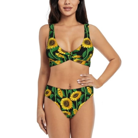 Zeuib Sunflower 1 High Waisted Tummy Control Bikini Set - Knot Front Push Up Top & Cheeky Thong Bottom  Two-Piece Swimsuit for Women-XX-Large