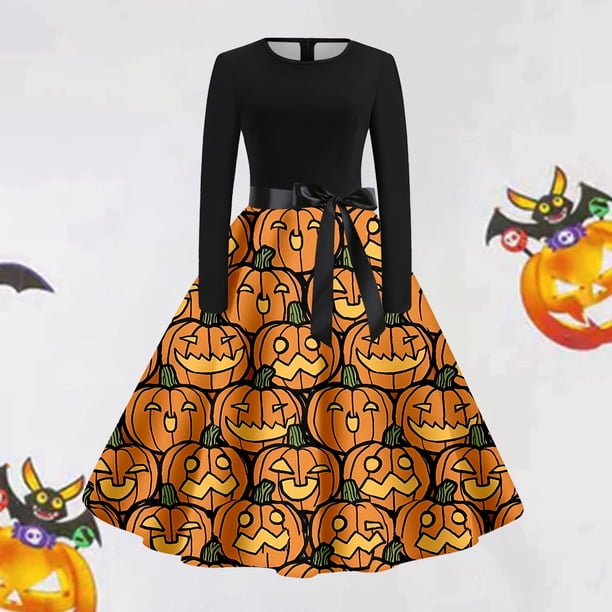Vestidos Casuales Para Mujer, Vestido Camisero Con Estampado de Halloween | Estilo Retro de Manga Larga Para La Moda de Otoño de Mujer