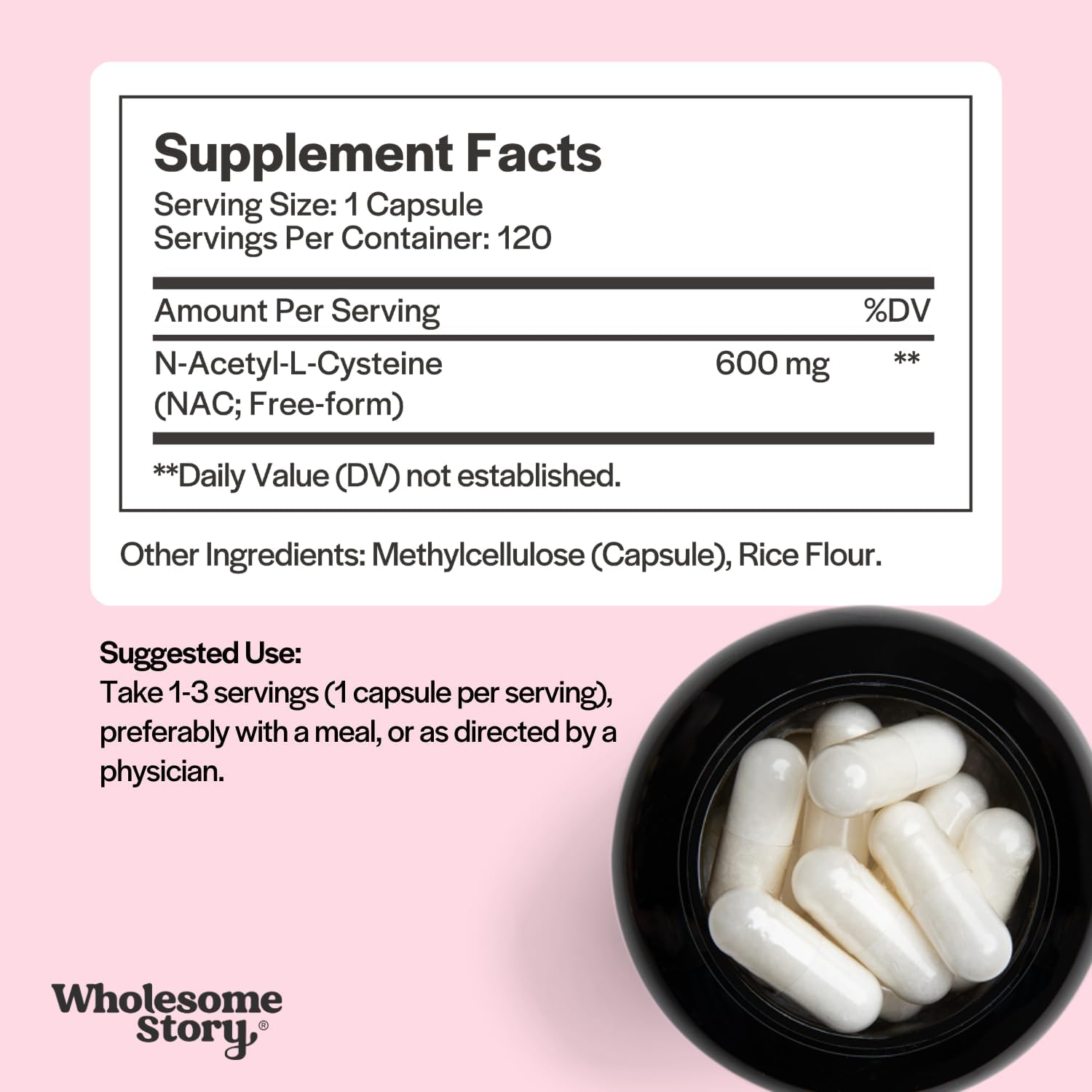 Wholesome Story 600mg N Acetyl Cysteine Supplement for Liver, Lung, & Fertility Support, 120 Caps