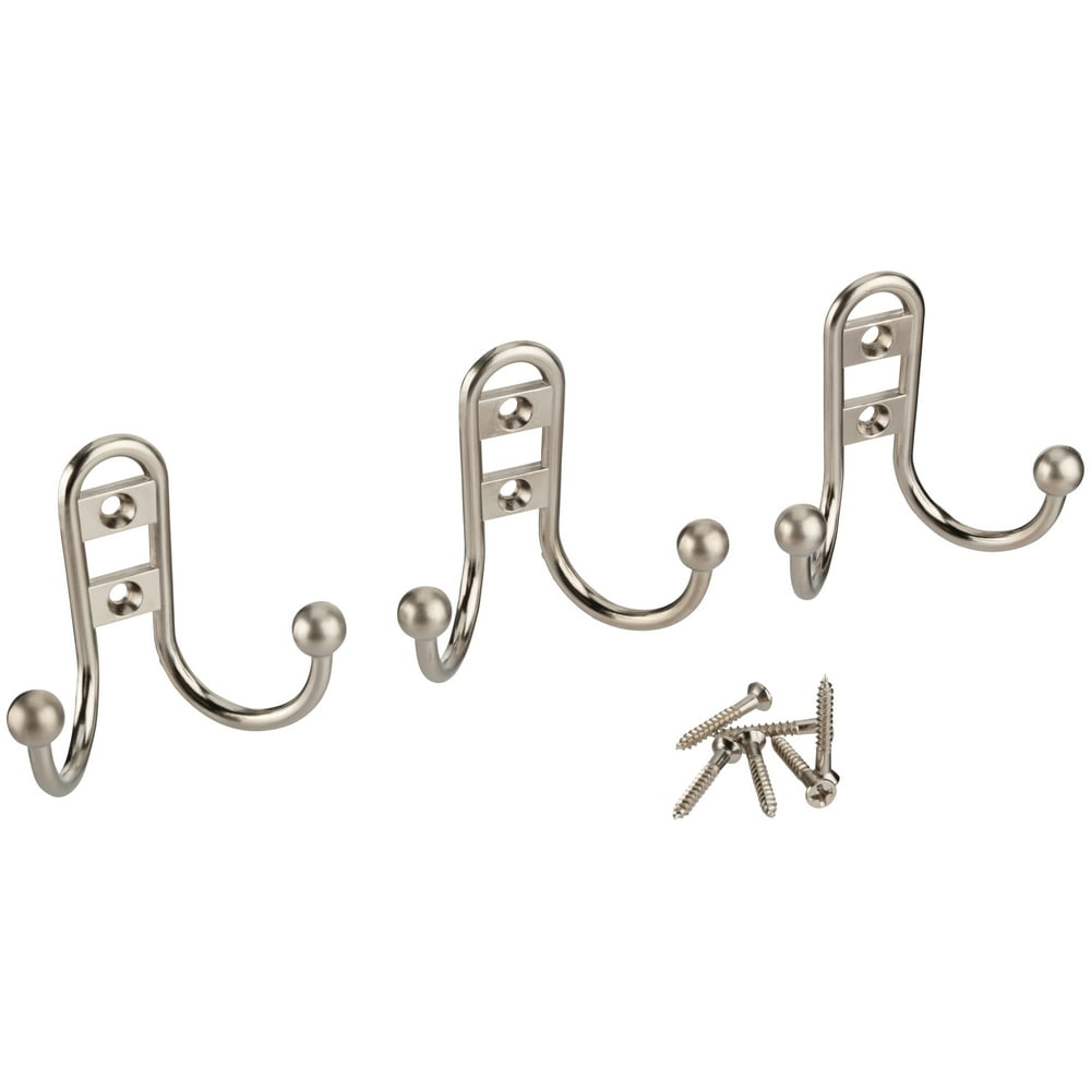 Mainstays Satin Nickel Finish Coat Hooks, 3 Count, With Mounting