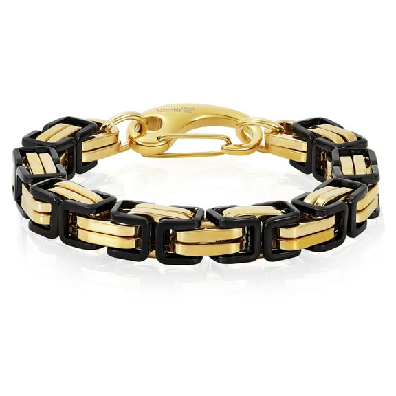 Crucible Jewelry Men's Black and Gold Plated Stainless Steel Byzantine Chain Bracelet (11mm) - 9"