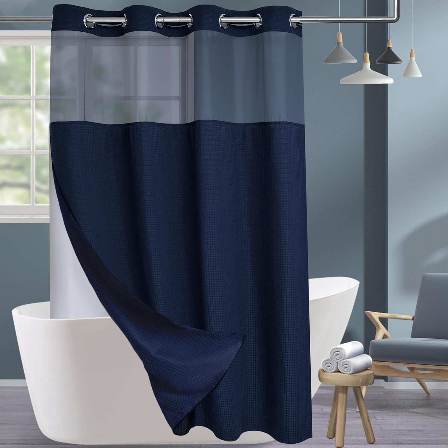 Rideau de douche gaufré, 220x200CM (blanc) avec anneau en métal, tissu anti- moisissure pour baignoire, salle de douche | Leroy Merlin