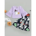 thumbnail image 2 of Bagilaanoe 2Pcs Toddler Baby Girl Halloween Outfits Ghost Print Long Sleeve T-Shirts Tops Cartoon Print Flared Trousers 12M 18M 24M 3T 4T 5T Fall Long Pants Set, 2 of 9