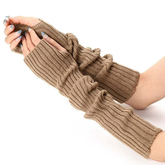 Acrylic Fibers Knitting Long Fingerless Gloves Arm Warmer Winter Warm Gloves with Thumb Hole Camel 500x70mm