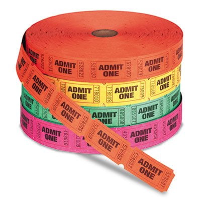 Admit-One Single Ticket Roll, Numbered, Assorted, 2000/Roll, 4 Rolls/Pack