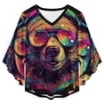 thumbnail image 4 of Colorful Bear With Headphones Women's V-Neck Blouse With 3/4 Ruffled Bell Sleeves Casual Top Ladies Blouses, 4 of 7