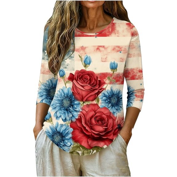 Lorytime Tshirts Shirts for Women 4th of July Tops Patriotic Graphic Outfits Lorytime 3/4 Sleeve Holidays Clothes