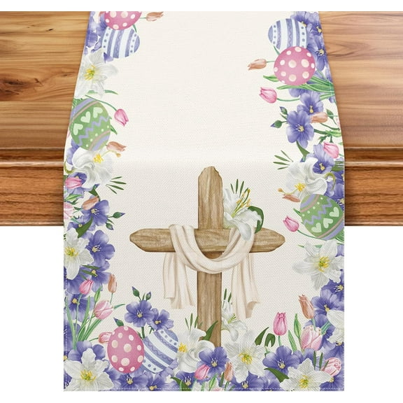 He is Risen Table Runner Easter Egg Christian Cross Lily Flowers Spring Jesus Ressurrection Holiday Party Home Kitchen Dining Room Decoration (13" x 72")