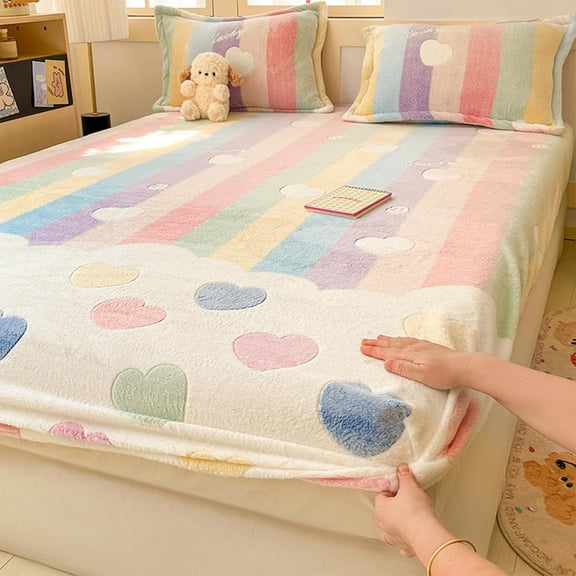 MorroMorn Fleece Twin Fitted Sheet Only, Super Soft Plush Bottom Sheet with 20" Deep Pocket, Pink Kawaii Cute for Girls Kids Teen College Dorm Back to School, No Pillowcases (Rainbow Love, Twin Size)