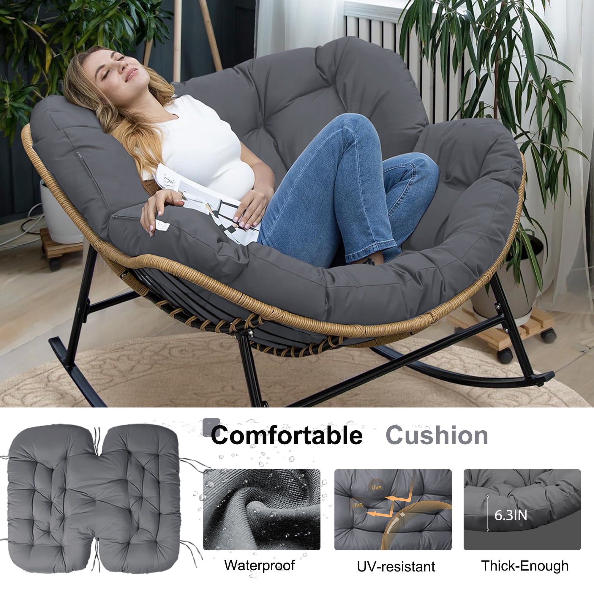 Outdoor Rocking Chair Cushions 6.3" Thick, Waterproof Papasan Chair Cushion, Fade-Resistant Patio Egg Lounge Chair Cushions for Indoor Outdoor Garden, Porch, Balcony