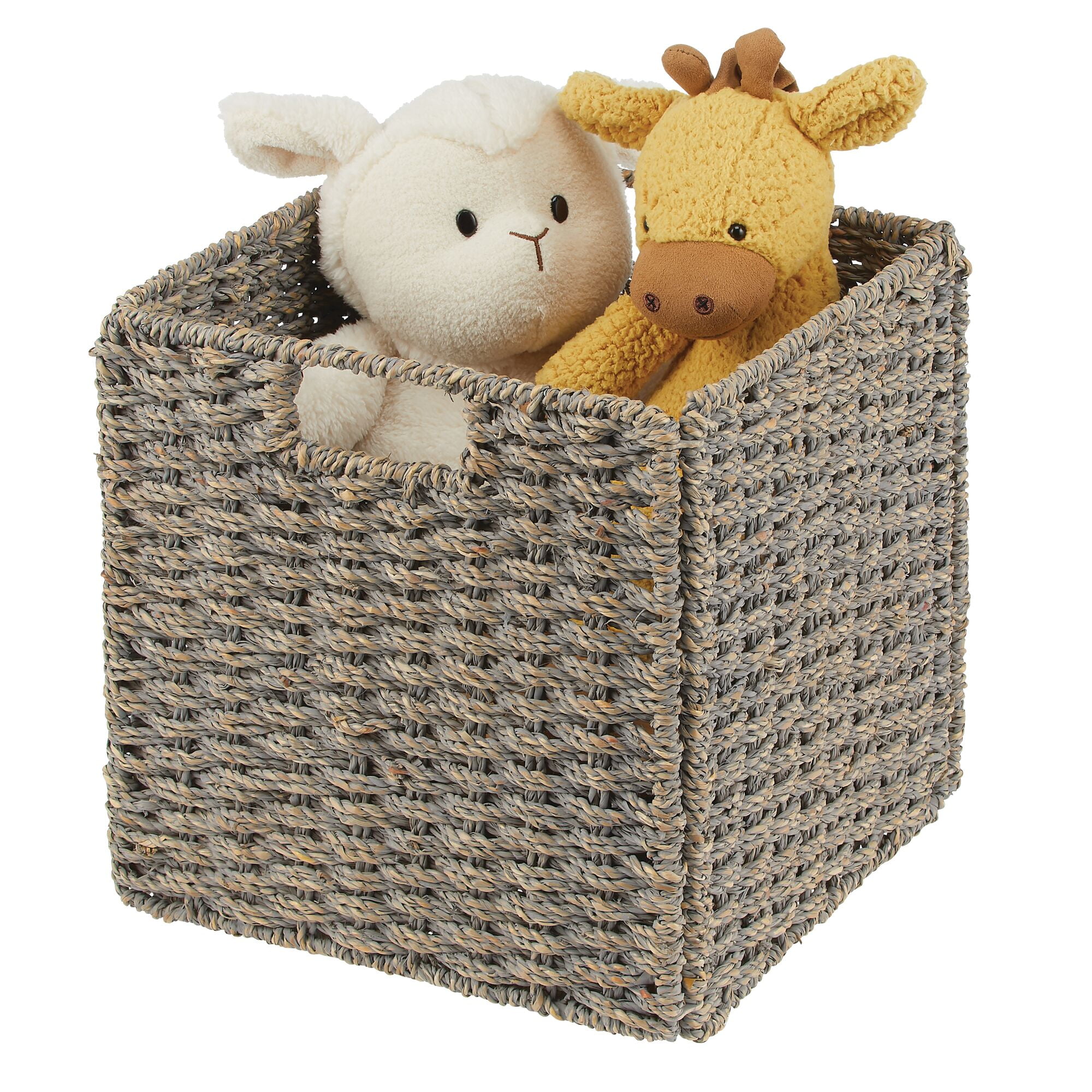 mDesign Seagrass Woven Cube Bin Basket Organizer, Handles, 4 Pack - Gray Wash