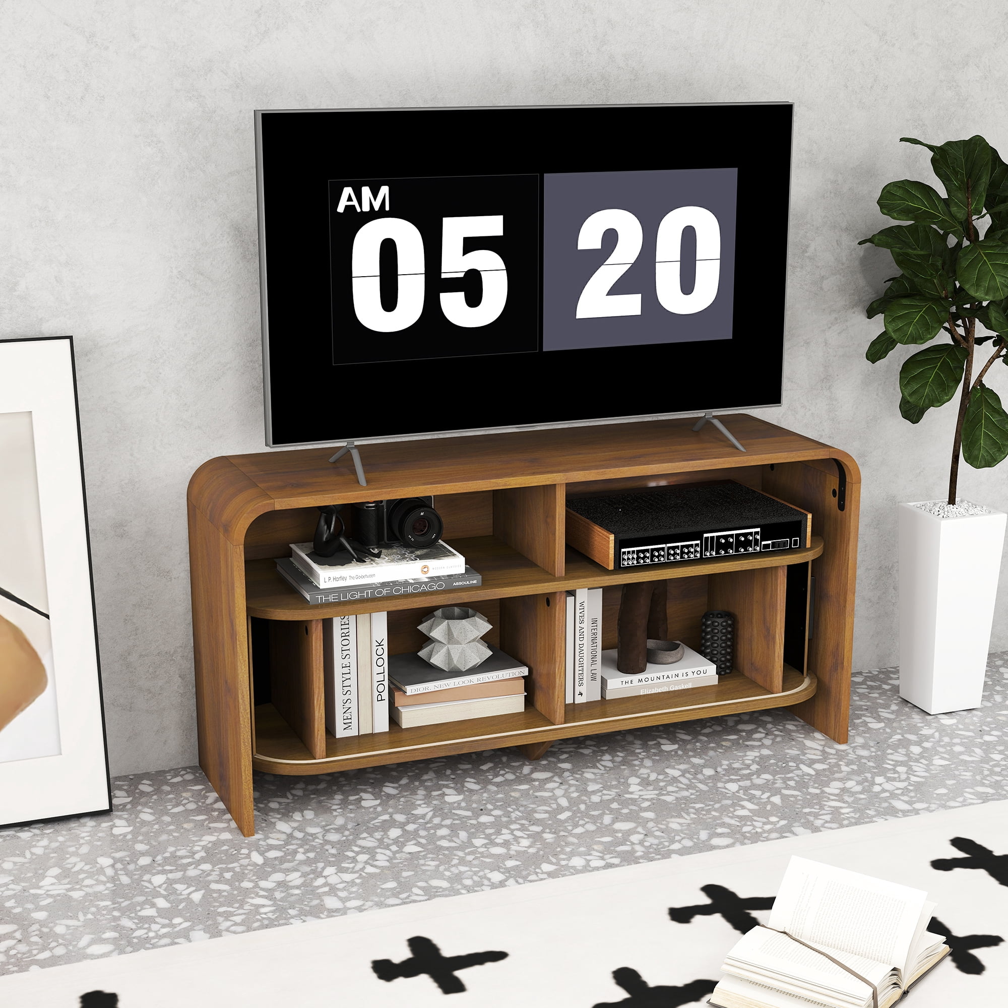 Mid Century Modern TV Stand for Bedroom, Small Fluted Entertainment Center for TVs up to 43 Inch, Media Console with Sliding Doors for Living Room, Walnut