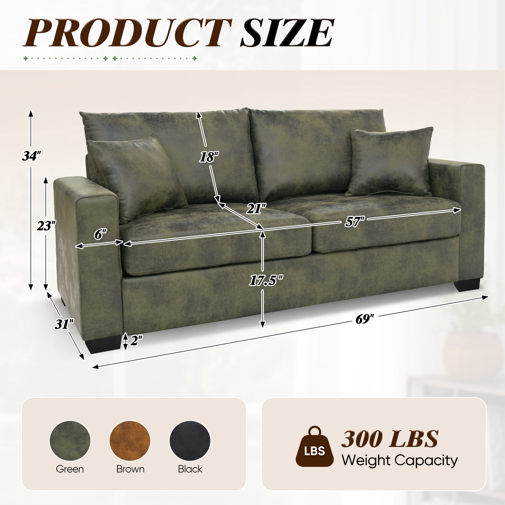 Lunale 69" Loveseat Sofa for Small Space, Modern Comfortable 2-Seater Upholstered Couch, Green Faux Leather