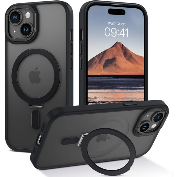 for iPhone 15 Case with Invisible Magnetic Kickstand [Compatible with MagSafe] Clear Hard Back Cover Soft TPU Hybrid Protective Ring Stand Phone Case for iPhone 15, Black