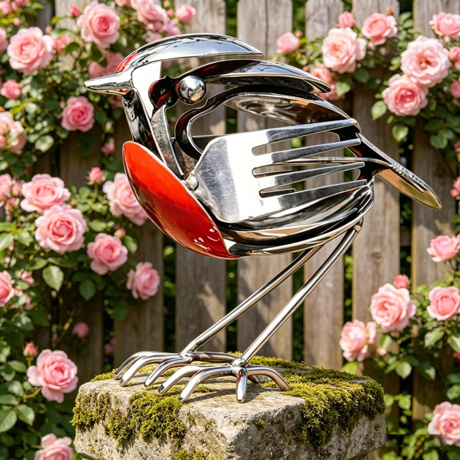 2Pcs Handmade Metal Robin Bird Garden Sculptures, Decorative Steel Animal Statues for Patio & Desk, Unique Recycled Art Gift for Bird Lovers (k)