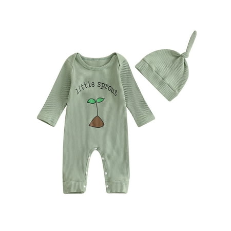 

Mioliknya Boys Jumpsuit Long Sleeve Crewneck Letter Plant Print Romper with Hat