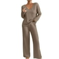 thumbnail image 2 of 2 Piece Outfits for Women V Neck Long Sleeve Knit Sweater Top and Wide Leg Pants Ribbed Lounge Matching Set Fall Winter Brown S, 2 of 7