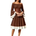 thumbnail image 2 of Women's Renaissance Peasant Dress Off Shoulder Ruffle Long Sleeve A-Line Midi Dress with Lace-up Corset Belt Medieval Vintage Halloween Costume Fair Festival Outfit, 2 of 8