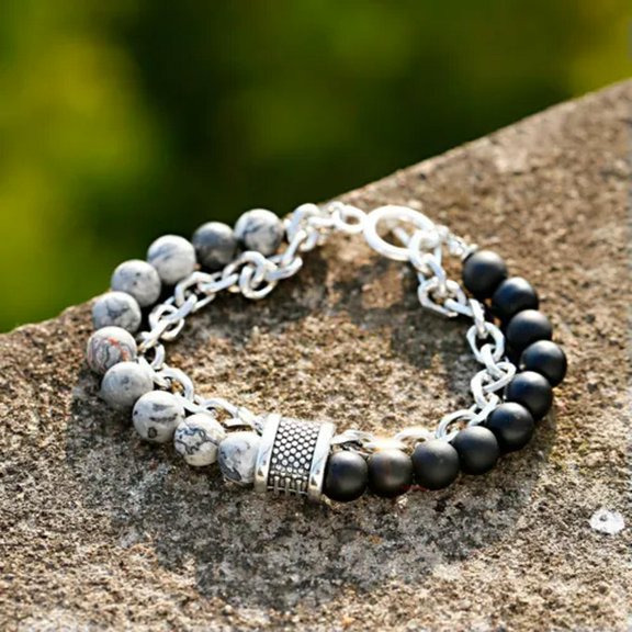 EOEMY Stainless Steel Dragon Bangle Jewelry Men Viking Cuff Bracelet Father'S Day Gift-Map Stone&Amp;Matte Onyx-Chain...