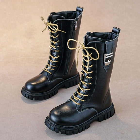 YMNXA Big Kids Girls Boots Non Slip Side Zipper Lace Up Flat Sole Fashion Comfortable Shoes For Daily Wear Black 4-4.5 Years