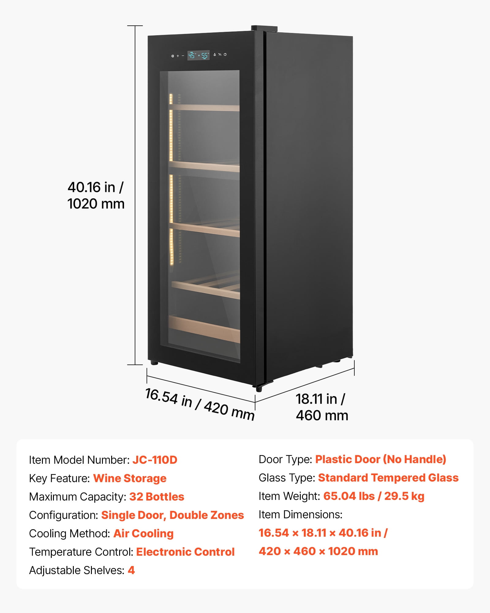 KFFKFF 32 Bottle Wine Fridge, Freestanding Wine Cooler with Dual Temperature Zones, Adjustable 41℉-65℉, Compact Refrigerator with Glass Door for Home, Office, Bar, Ideal for Red, White, Champagne