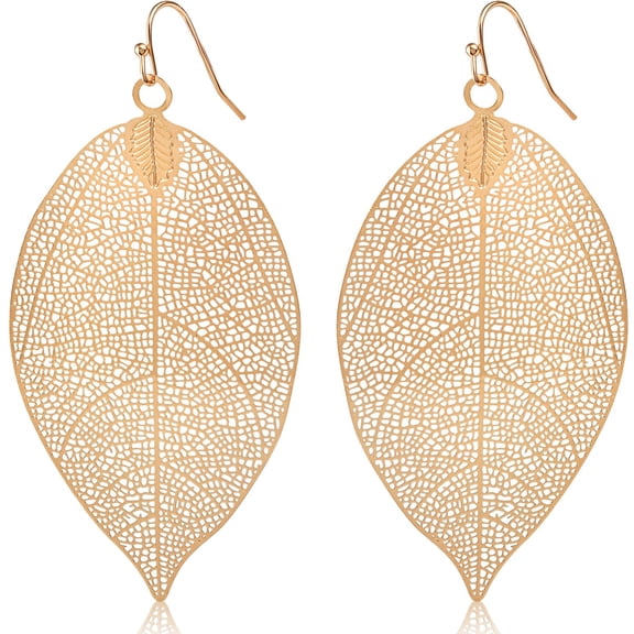 Humble Chic Big Filigree Leaf Earrings - Lightweight Oversized Drop Dangles, Gold
