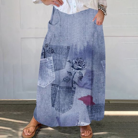 Women's Linen Long Skirt Summer Elasticized High Waist Bohemian Long Skirt Vintage Elasticized High Waist Pleated A-Line Flared Halter Skirt Blue,XL