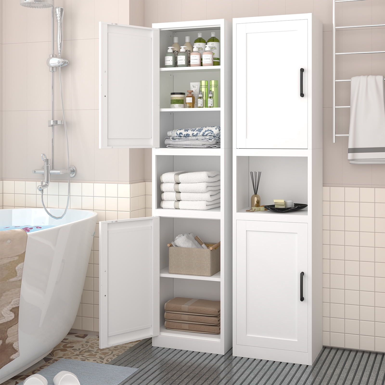 Tall Narrow Bathroom Storage Cabinet - Metal Pantry Cabinet, Slim Cabinet for Small Spaces, Bathroom, Kitchen, Living Room, Dining Room(16 inches Wide White)