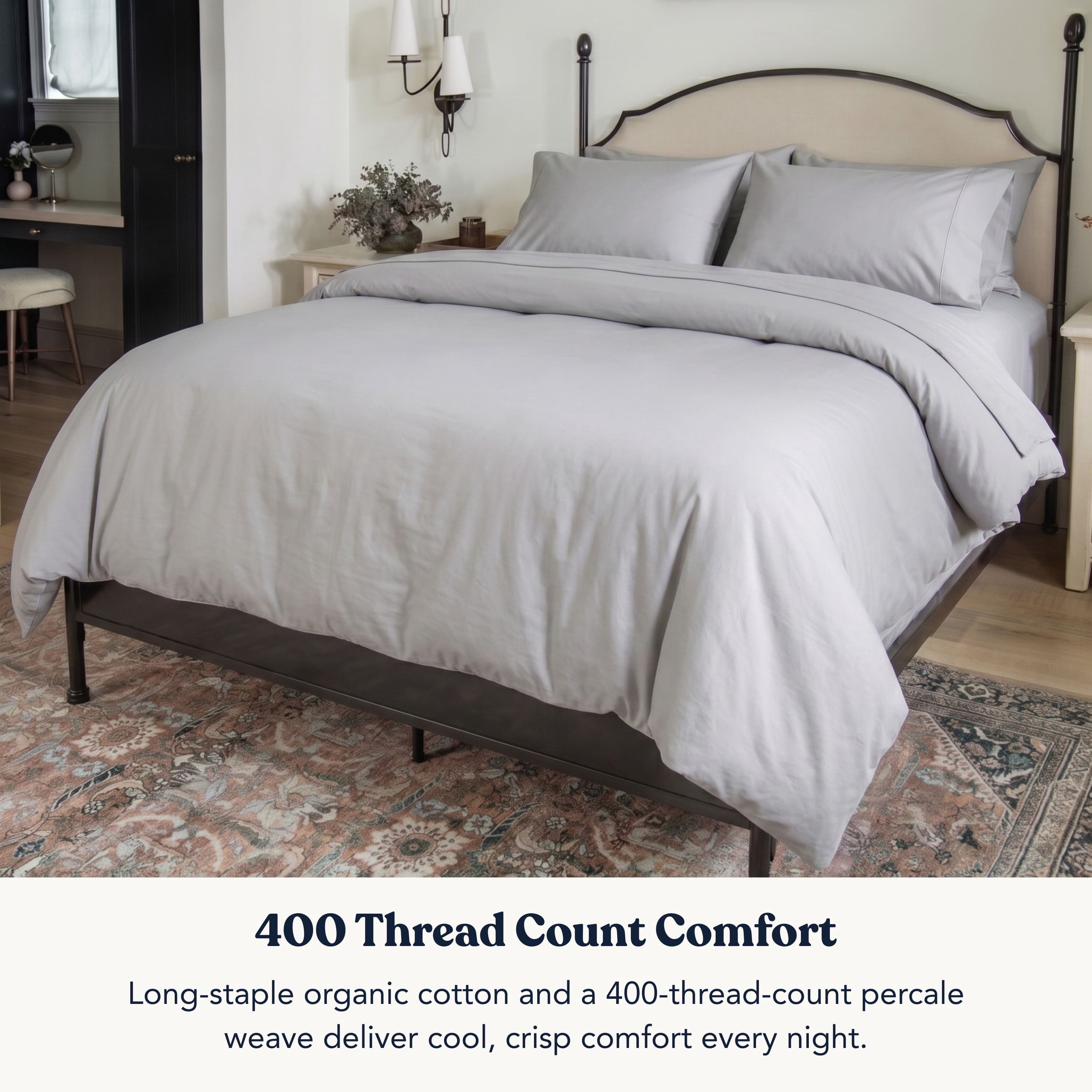 Delara King Organic Cotton Percale Duvet Cover Set 3-Piece with Sham, 400TC, Soft Breathable Bedding, GOTS Certified, 8 Ties, Light Grey