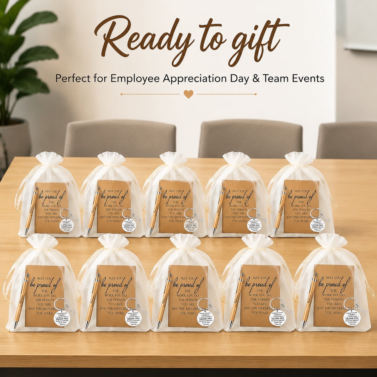 40 Pcs Employee Appreciation Gifts Bulk - Motivational Pocket Notebooks, Natural Bamboo Pens, Gratitude Keychains, Sheer Organza Bags - Team Gifts for Employees, Volunteers, Nurses, Teachers, Colleag