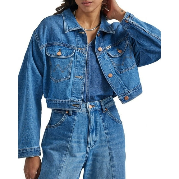 Wrangler Women's Medium Wash Cowboy Cropped Denim Jacket - 112334615   US