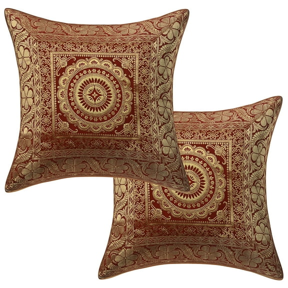 Stylo Culture Ethnic Settee Sofa Throw Pillow Covers 16x16 Jacquard Red Square 40cm x 40cm Home Decor Brocade Floral Mandala Zippered Cushion Covers | Set Of 2