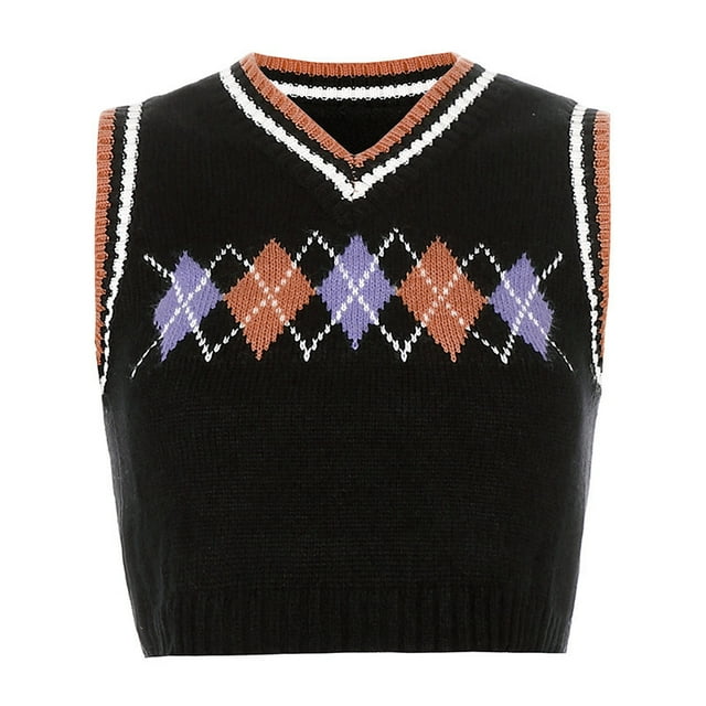 Débardeur Tricoté pour Femmes à Carreaux Argyle Style Preppy Sans Manches Court