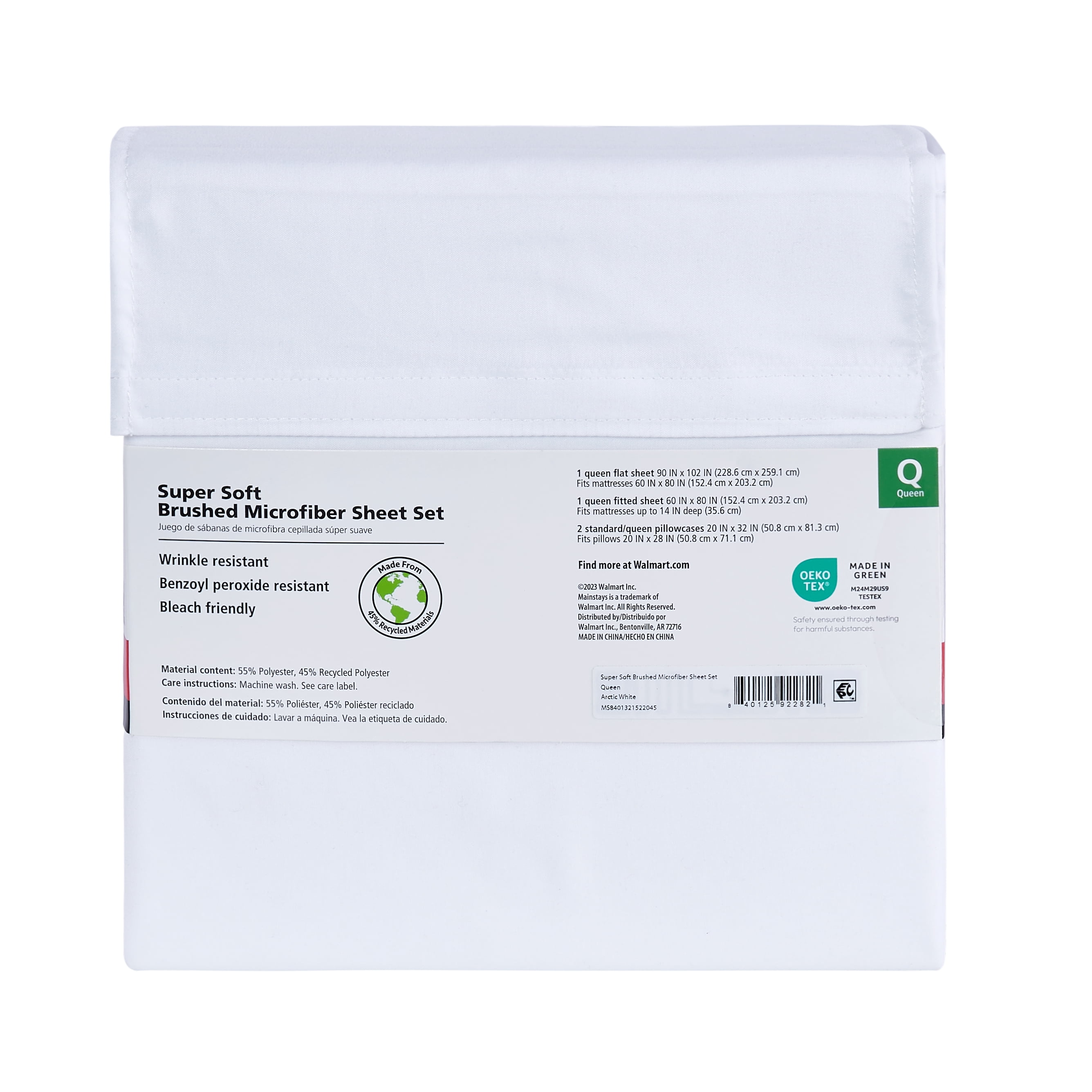 Mainstays Super Soft Brushed Microfiber Bed Sheet Set, Queen, Arctic White, 4 Piece