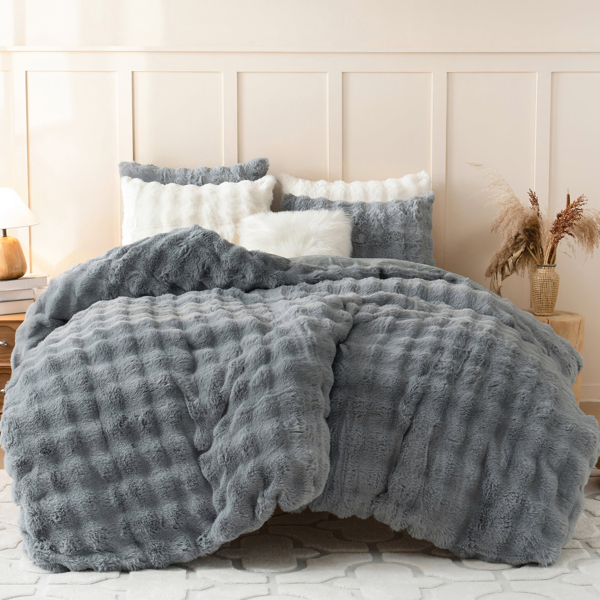 BLEUM CADE Fluffy Comforter Set King Size,Faux Fur Luxury Fuzzy Bedding Sets Light Gray,Shaggy Plush Duvet Cover Set with 2 Pillowcases