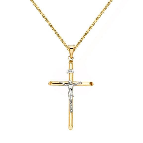 Precious Stars 14K Two-Tone Solid Gold Crucifix Religious Unisex Pendant with 16" Chain Necklace