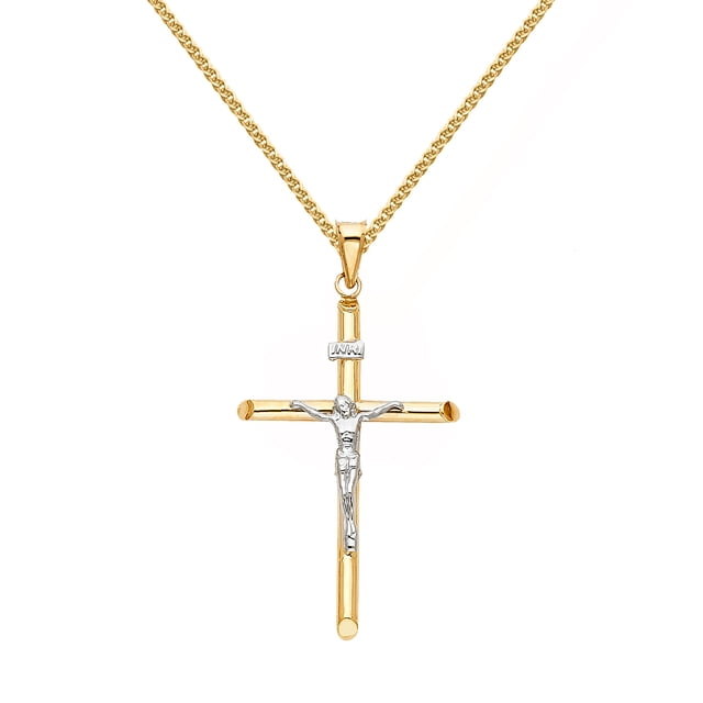 Precious Stars 14K Two-Tone Solid Gold Crucifix Religious Unisex Pendant with 20" Chain Necklace