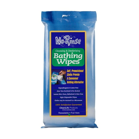 Cleanlife Products No-rinse Bathing Wipes, Alcohol-Free 8 x 8 Inch, Bag of 8