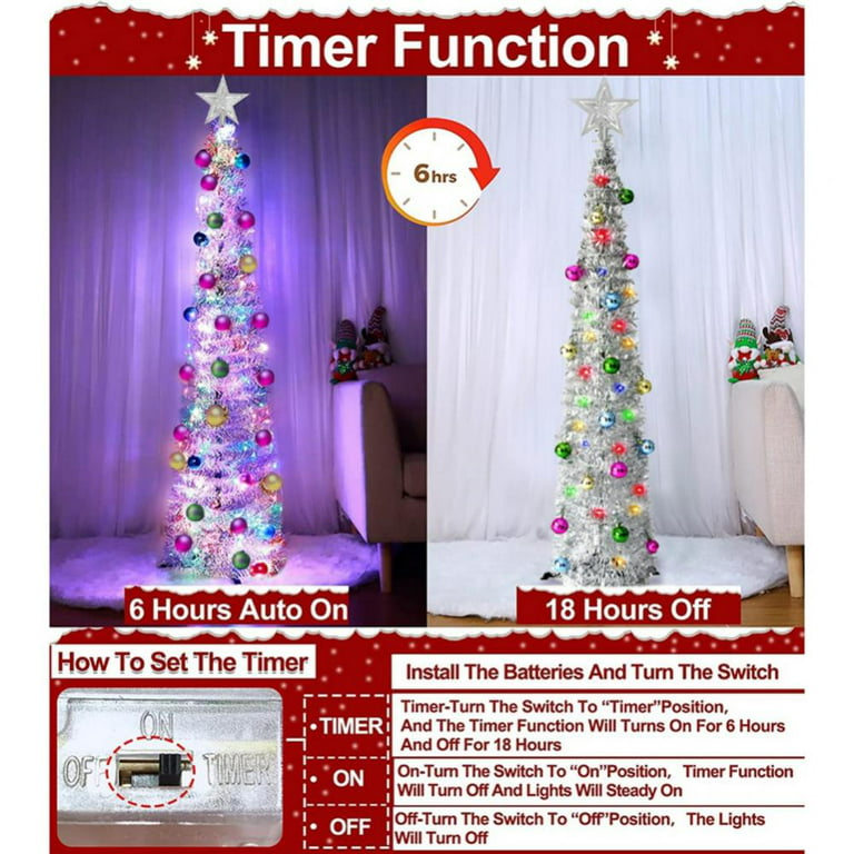 5 Ft Tinsel Prelit Christmas Tree Pop Up with Timer Color Lights Star  Sequins Battery Operated Artificial Pencil Slim Xmas Tree for Home Party  Indoor Outdoor Christmas Decoration 