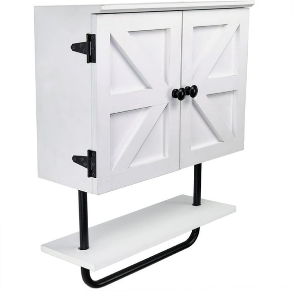 EXCELLO GLOBAL PRODUCTS 17x21” Barndoor Bathroom Wall Cabinet, Space Saver Storage Cabinet Kitchen Medicine Cabinet with Adjustable Shelf and Towel Bar, White