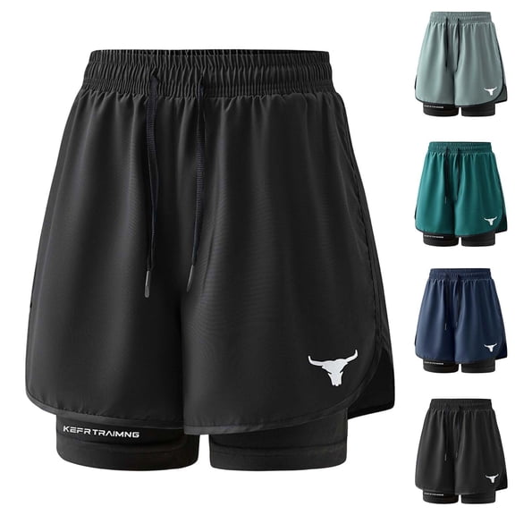 Lovzfmll Men's Summer Double-Layer Fake Two-Piece Running Fitness Shorts, Sports Athletic Bermuda Shorts Gray, 2XL