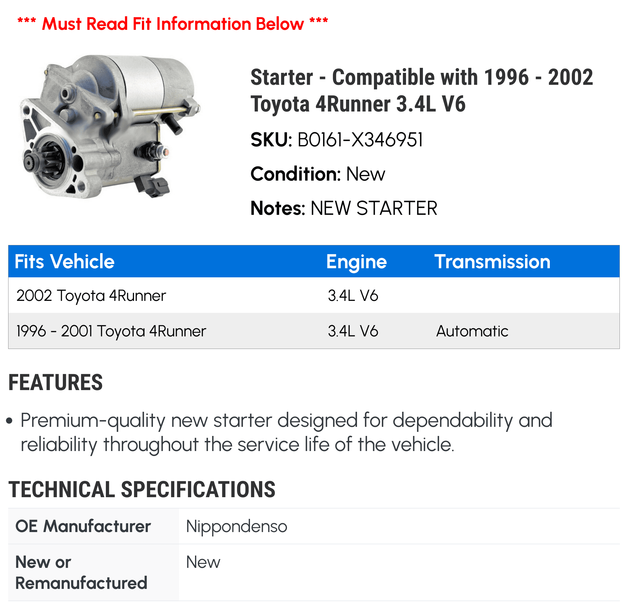 Starter - Compatible with 1996 - 2002 Toyota 4Runner 3.4L V6 1997 1998 1999 2000 2001