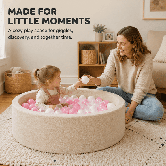 Moncoland Toddler Ball Pit, Soft Foam Ball Pool with 100 Balls, Plush Teddy Fleece Playpen for Babies and Kids, 33.5 x 10.4 in, Beige with Pink White Clear Balls